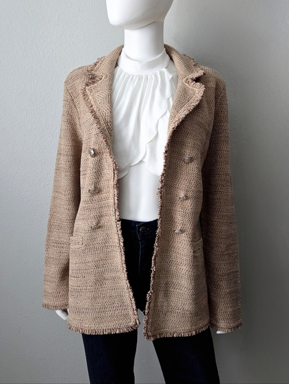 Chico's Metallic Tweed Sweater Blazer, Super Soft Layering Piece Tan & Gold LG - Picture 6 of 16